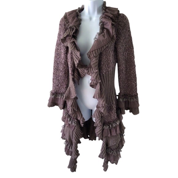 Cecico Long Line Cardigan Women's Small Ruffles Knit in Plum Shade - Picture 4 of 13